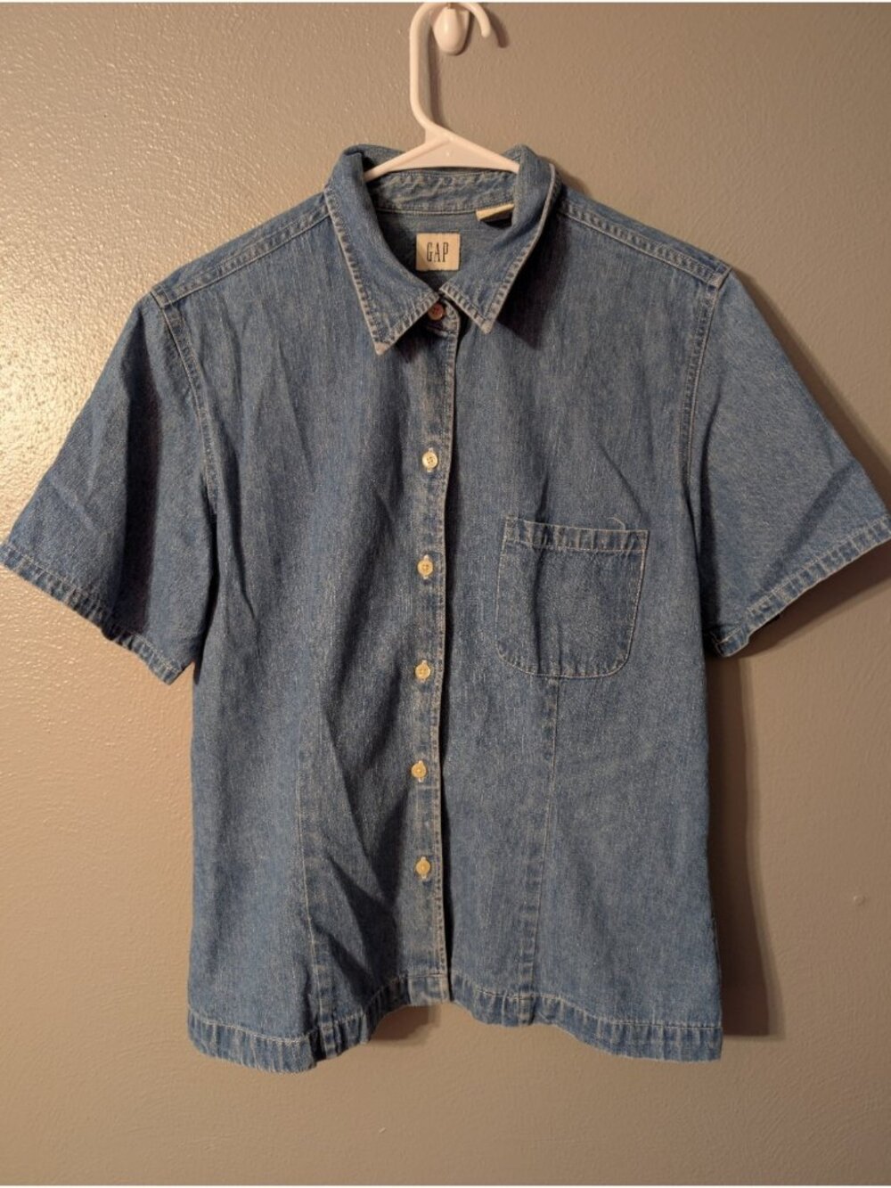 Vintage 90s Gap Short Sleeve Denim Shirt Large Blue Cotton Button Up Cowgirl - Picture 2 of 6